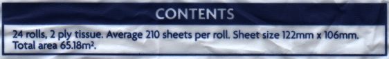Contents: 24 rolls, 2 ply tissue. Average 210 sheets per roll. Sheet size 122mm x 106mm. Total area 65.18m².