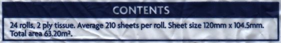 Contents: 24 rolls, 2 ply tissue. Average 210 sheets per roll. Sheet size 120mm x 104.5mm. Total area 63.20m².