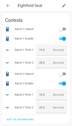 [Home Assistant list of controls for the Eightfold Seal device: cancel/enable switches for the alarm and configuration of timing for the two alarm stages]