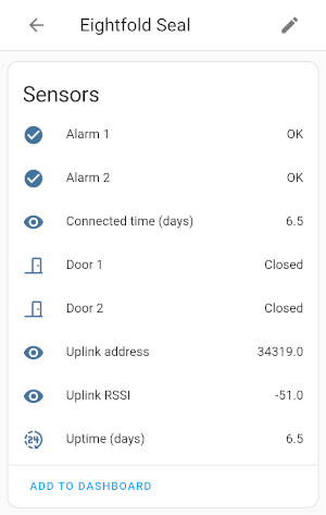 [Home Assistant list of sensors for the Eightfold Seal device: current alarm and door open/closed state as well as uptime and Zigbee uplink information]